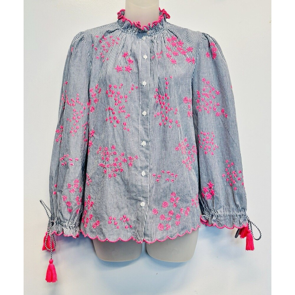 VILAGALLO Aurora embroidered Blouse in stripe pink embroidery Sz S Blue White - Picture 3 of 10